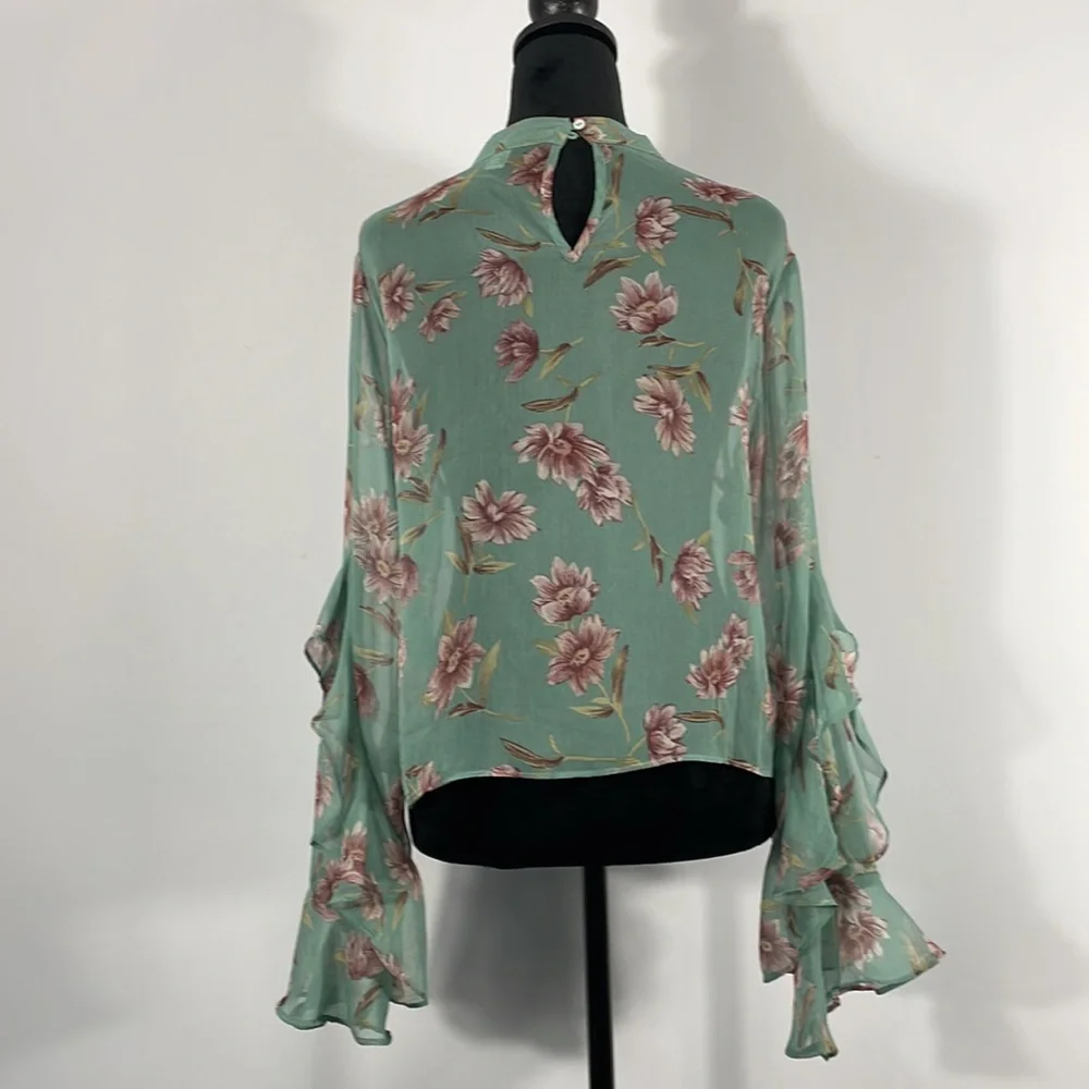 Floral Teal & Pink Sheer top,mock neck, long ruffle sleeve, flowy, XS - Picture 4 of 12